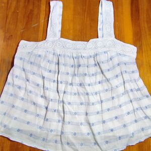 Old Navy White Blue Stripe Smocked Top Crochet Straps XXL boho y2k twee babydoll